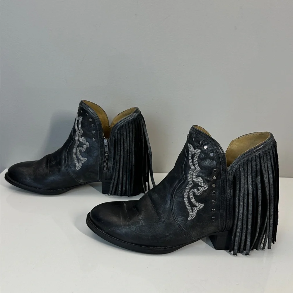 Black Leather Fringe Studded Cowboy Ankle Boots